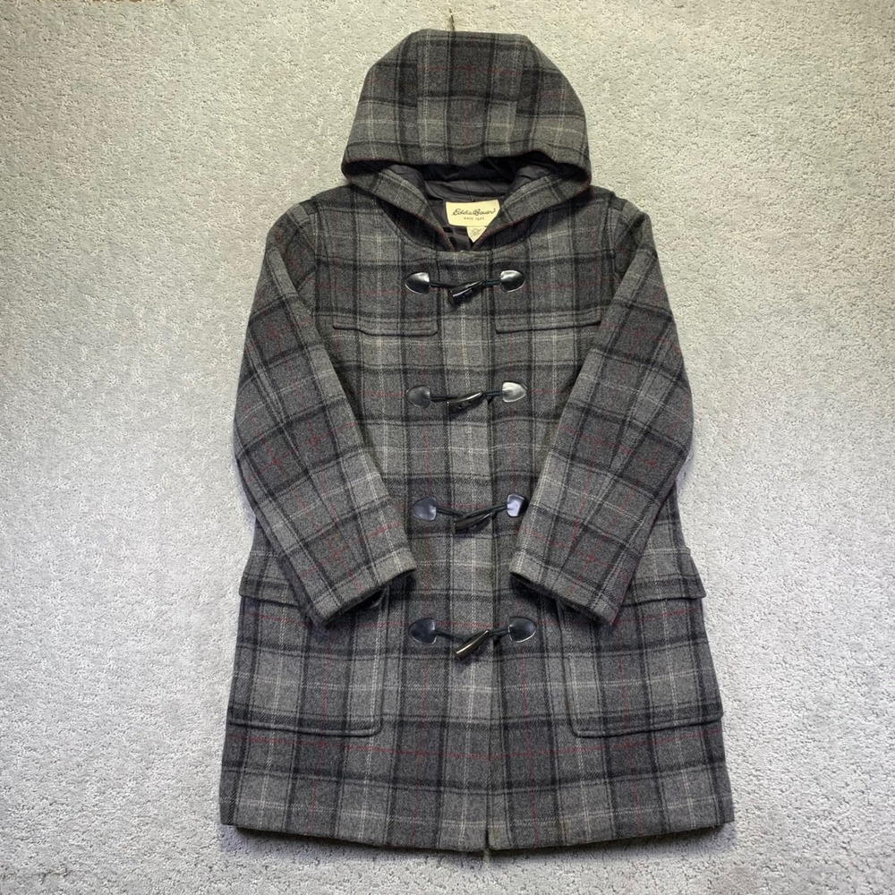 Eddie Bauer Duffle Coat Womens S/P Gray Plaid Wool Blend Toggle‎ Zip Closure